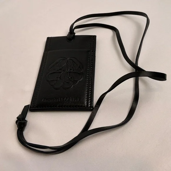 Alexander McQueen Black Leather Card Holder with Strap Lanyard New